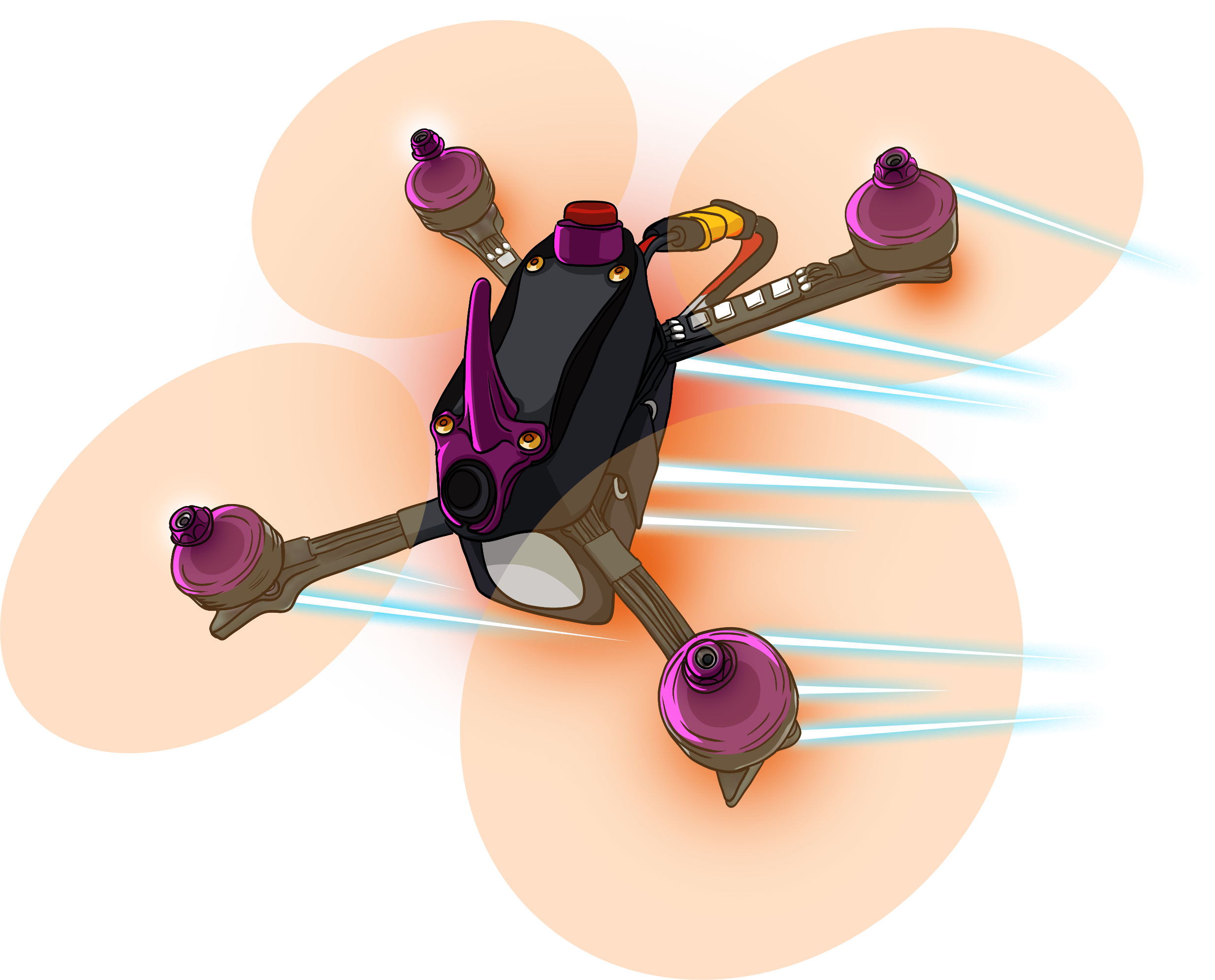 5 inch drawn FPV drone flying through the air with purple motor and fin