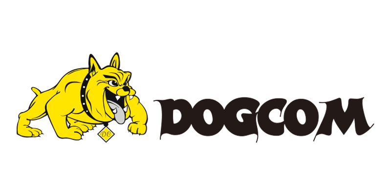 Dogcom logo with Yellow bulldog mascot