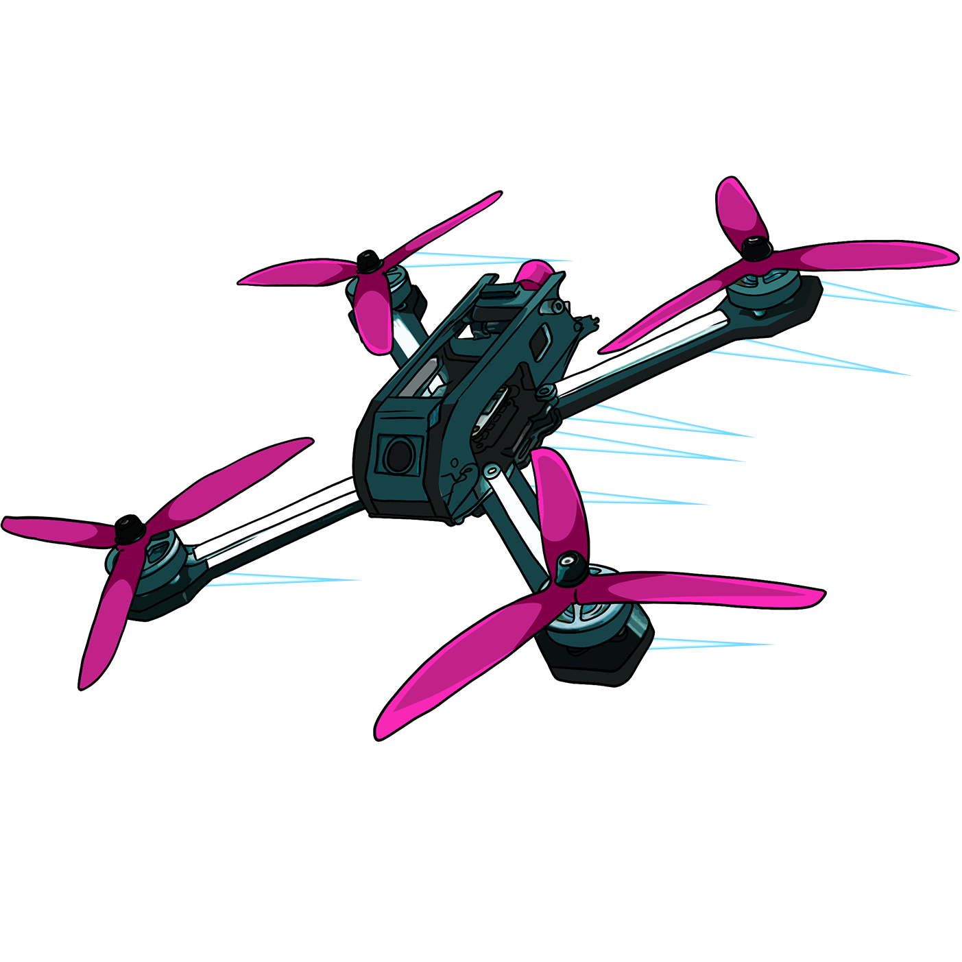 Drawn FPV racer with purple motors and fins