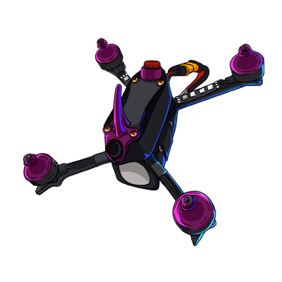 Drawn FPV racer with purple motors and fins