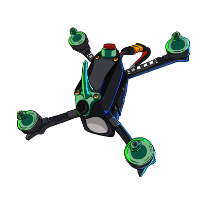 Drawn FPV racer with purple motors and fins