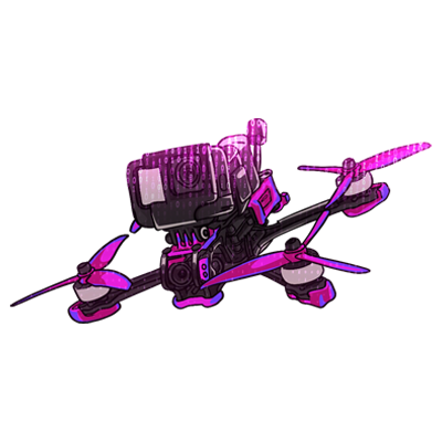 Drawn FPV racer with purple motors and fins
