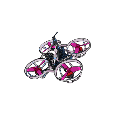 Drawn FPV racer with purple motors and fins